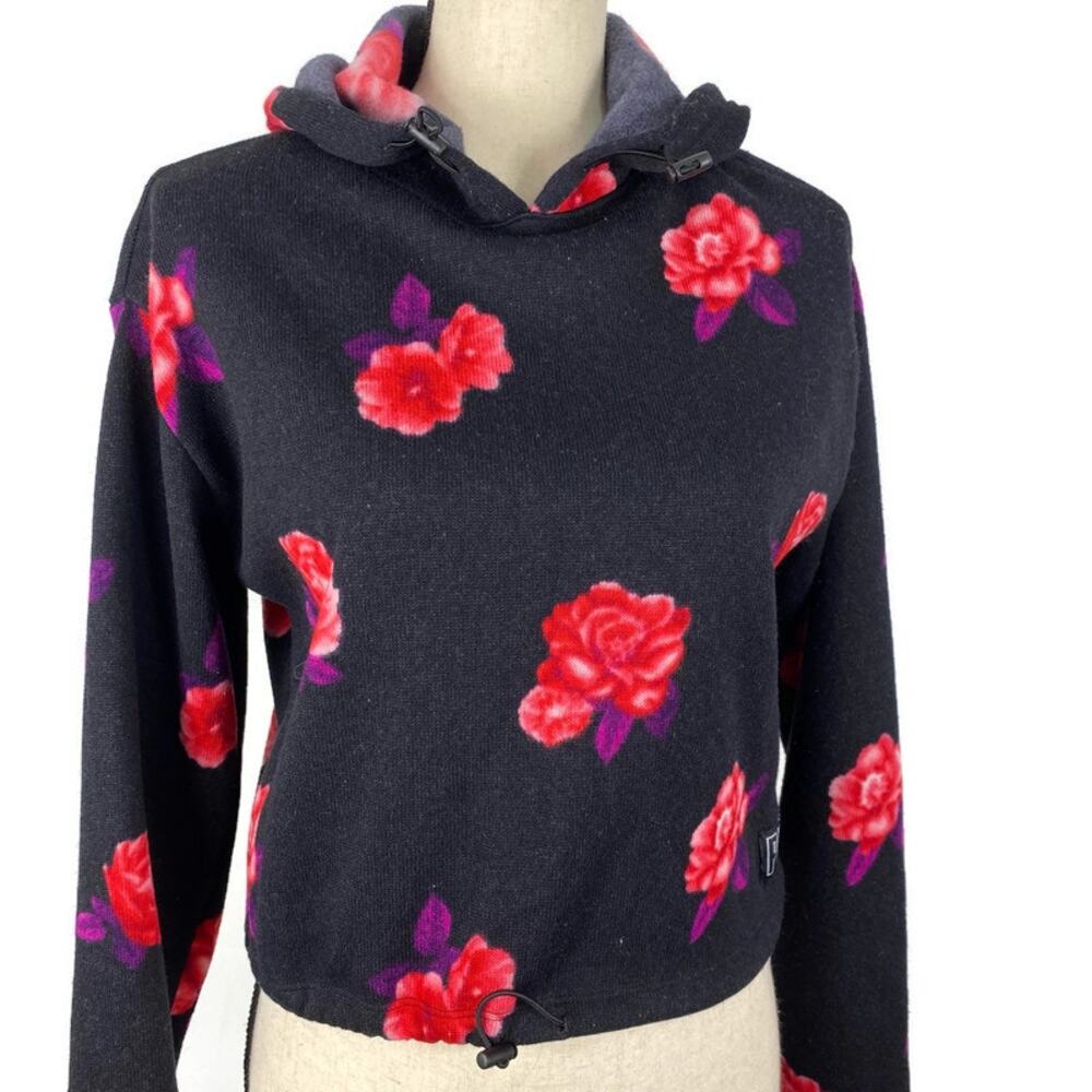 PINK Victorias Secret Floral Sweatshirt Knit Cropped Hoodie Black Womens XS
